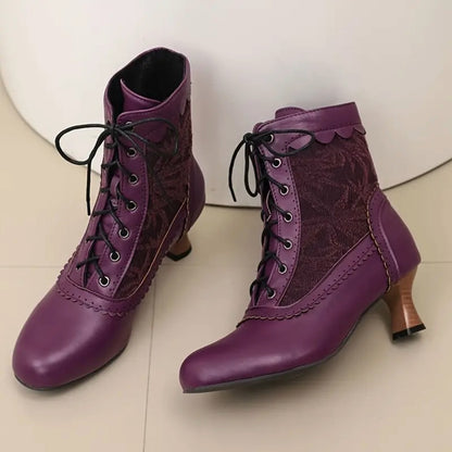 Women's Victorian Lace-Up Embroidered Vintage Kitten Heel Ankle Boots with Scalloped Trim