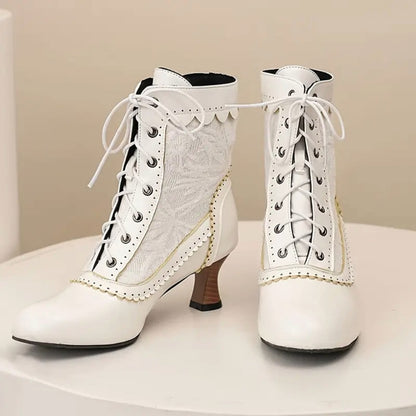 Women's Victorian Lace-Up Embroidered Vintage Kitten Heel Ankle Boots with Scalloped Trim