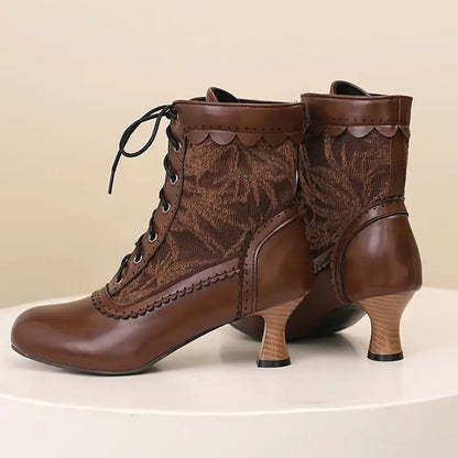 Women's Victorian Lace-Up Embroidered Vintage Kitten Heel Ankle Boots with Scalloped Trim
