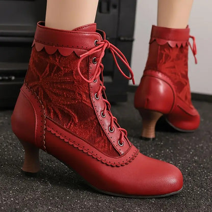 Women's Victorian Lace-Up Embroidered Vintage Kitten Heel Ankle Boots with Scalloped Trim