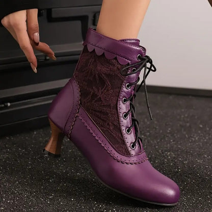 Women's Victorian Lace-Up Embroidered Vintage Kitten Heel Ankle Boots with Scalloped Trim