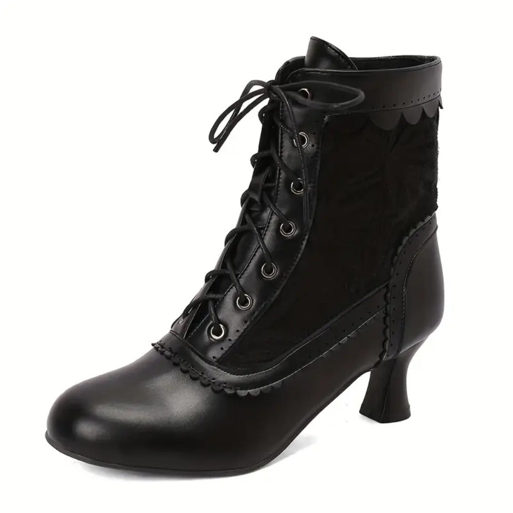 Women's Victorian Lace-Up Embroidered Vintage Kitten Heel Ankle Boots with Scalloped Trim