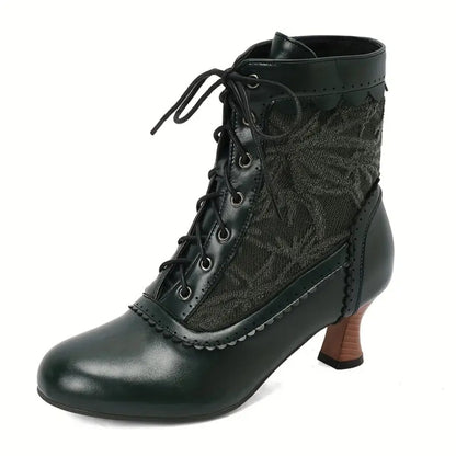 Women's Victorian Lace-Up Embroidered Vintage Kitten Heel Ankle Boots with Scalloped Trim