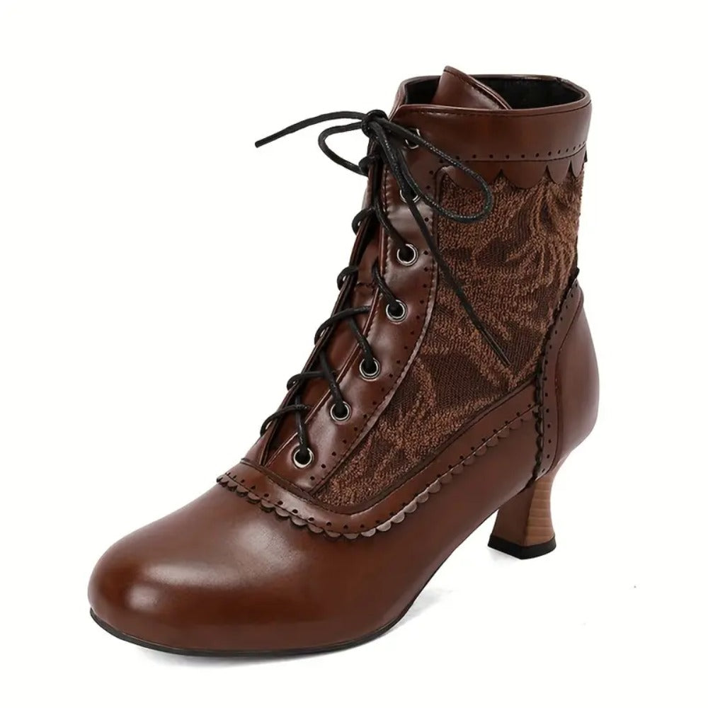 Women's Victorian Lace-Up Embroidered Vintage Kitten Heel Ankle Boots with Scalloped Trim