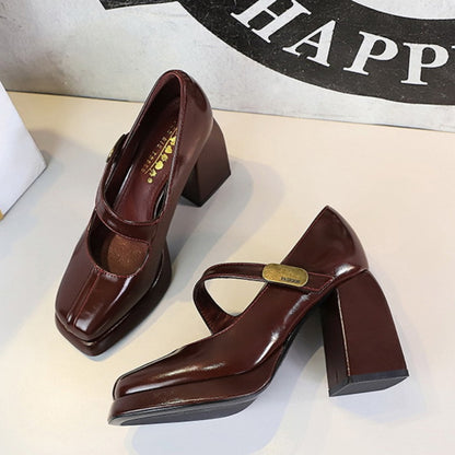 Vintage Women's Block Heel Mary Jane Retro Chunky Heel Pumps with Gold Buckle