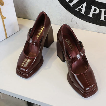 Vintage Women's Block Heel Mary Jane Retro Chunky Heel Pumps with Gold Buckle