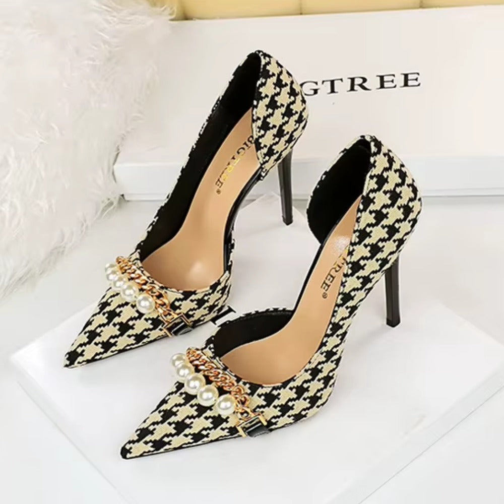Vintage Plaid Checkered Women's Stiletto High Heels with Pearl & Chain Detail