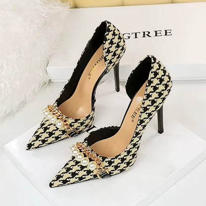 Vintage Plaid Checkered Women's Stiletto High Heels with Pearl & Chain Detail