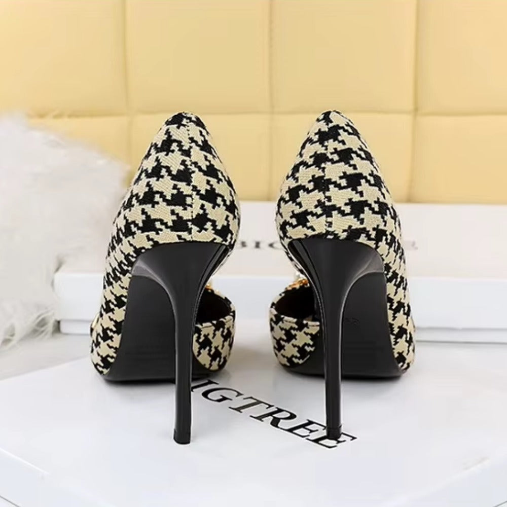 Vintage Plaid Checkered Women's Stiletto High Heels with Pearl & Chain Detail