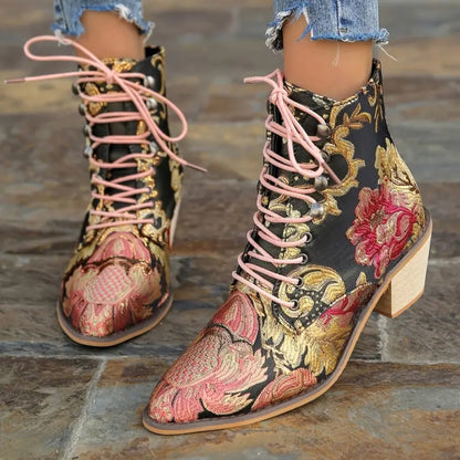 Women's Vintage Floral Embroidered Lace-Up Mid Block Western-Inspired Ankle Boots