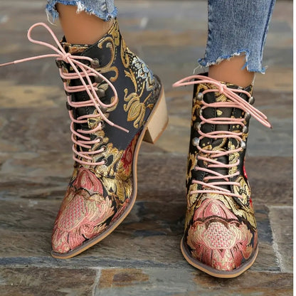 Women's Vintage Floral Embroidered Lace-Up Mid Block Western-Inspired Ankle Boots