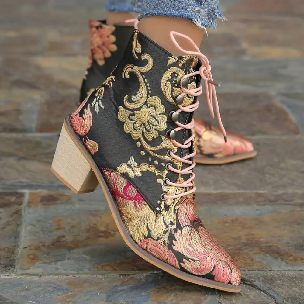 Women's Vintage Floral Embroidered Lace-Up Mid Block Western-Inspired Ankle Boots