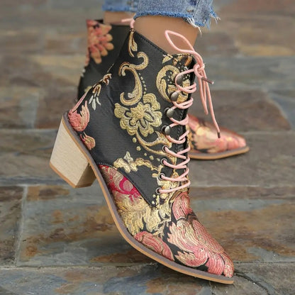 Women's Vintage Floral Embroidered Lace-Up Mid Block Western-Inspired Ankle Boots