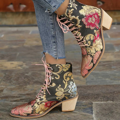 Women's Vintage Floral Embroidered Lace-Up Mid Block Western-Inspired Ankle Boots