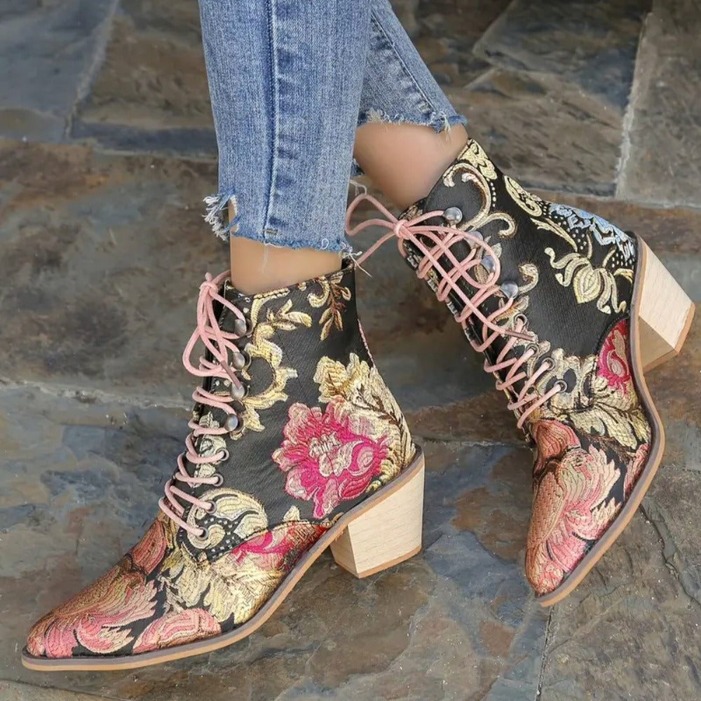Women's Vintage Floral Embroidered Lace-Up Mid Block Western-Inspired Ankle Boots