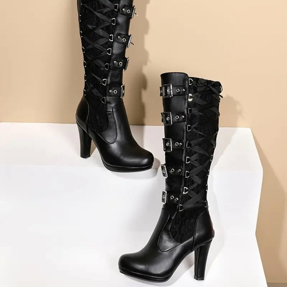 Women's Gothic Red & Black Embroidered Knee-High Buckled Combat Platform Boots