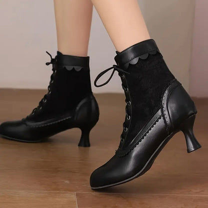 Women's Victorian Lace-Up Embroidered Vintage Kitten Heel Ankle Boots with Scalloped Trim