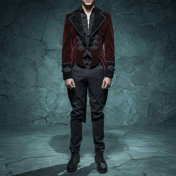 Men's Gothic Crimson Red & Black Embroidered Victorian Aristocrat Tailcoat Jacket