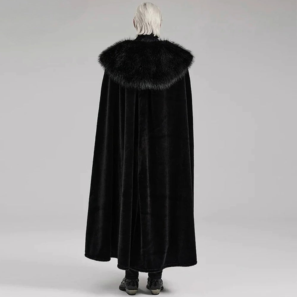 Men's Gothic Black Medieval Renaissance Embroidered Cloak with Fur Lined Collar