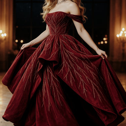Off-Shoulder Burgundy Evening Ball Gown with Beaded Branch Embellishments