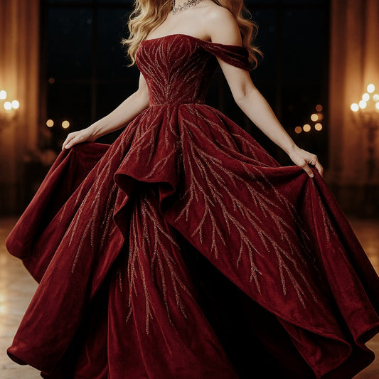 Off-Shoulder Burgundy Evening Ball Gown with Beaded Branch Embellishments