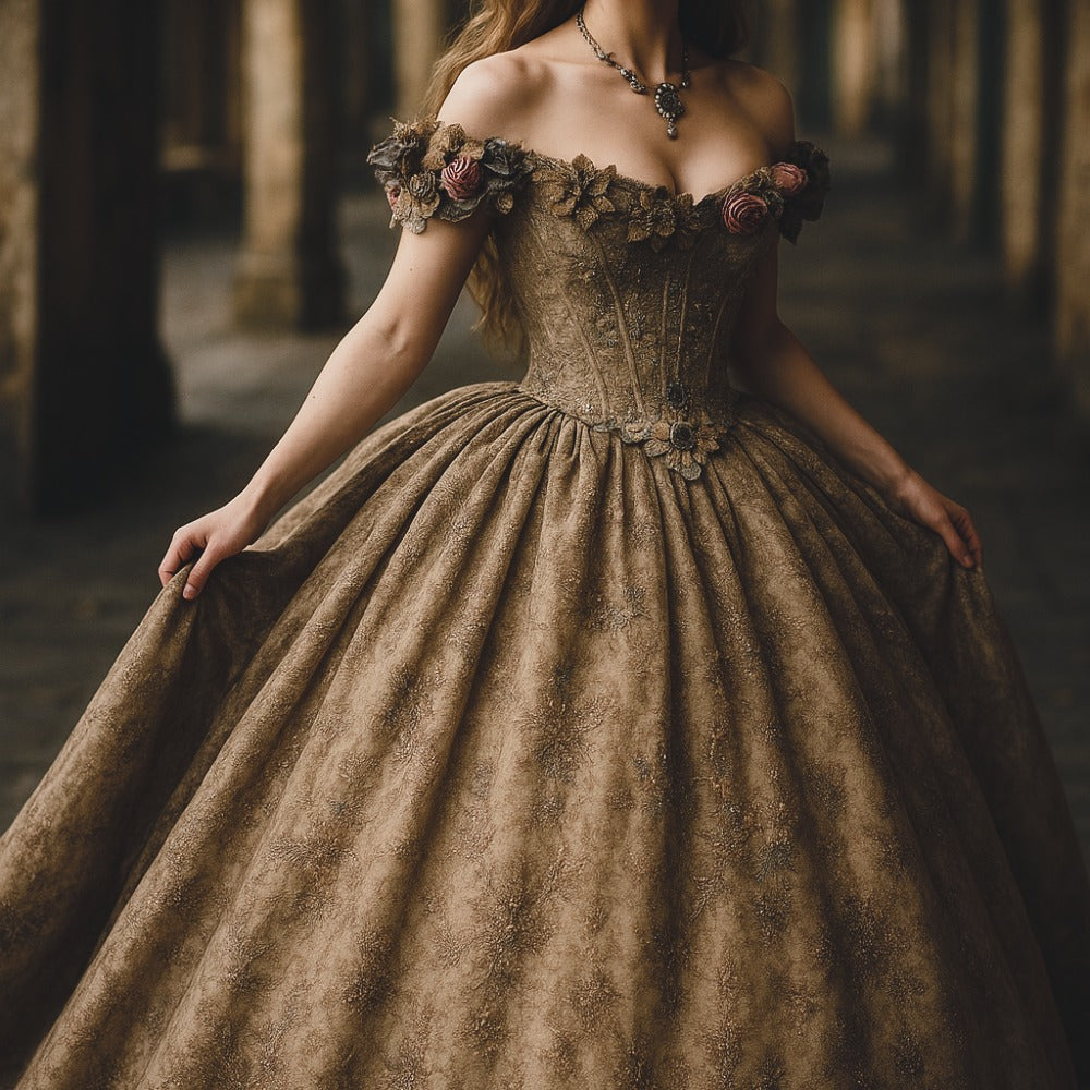 Vintage Renaissance Gold Floral Off-Shoulder Ball Gown with Lace, Floral & Beaded Details