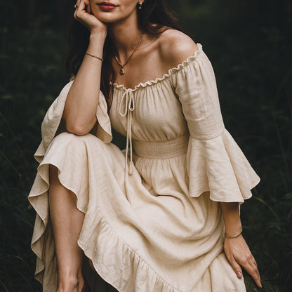 Vintage Medieval Renaissance Women's Maxi A-Line Dress with Long Flared Sleeves & Lace Collar
