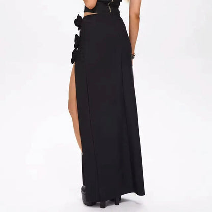 Women's Black High Slit Maxi Evening Skirt with Rose Embellishments