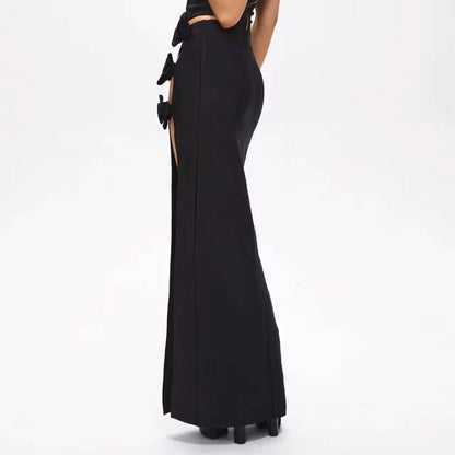 Women's Black High Slit Maxi Evening Skirt with Rose Embellishments