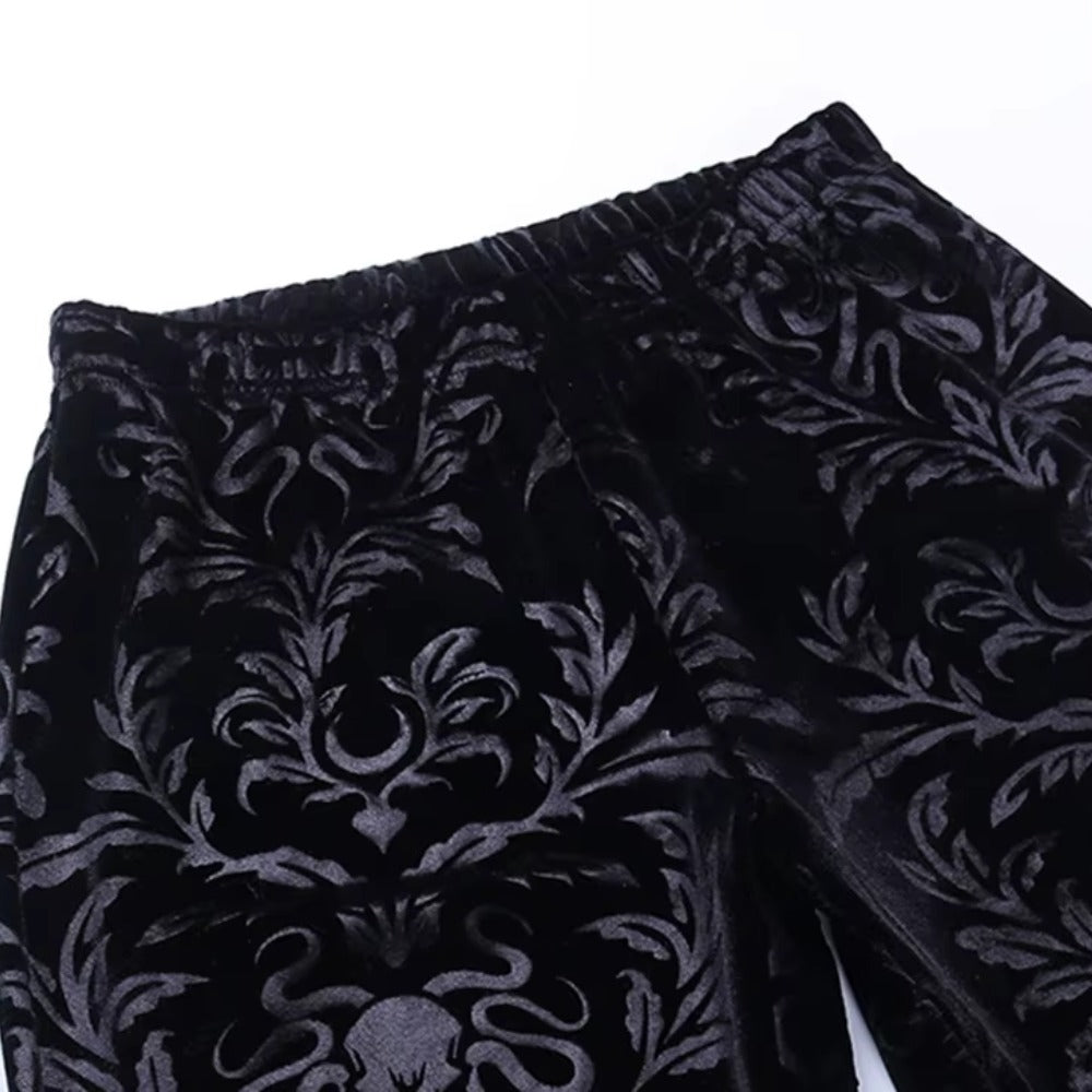 Women's Gothic Black Velvet Floral Embroidered Baroque High Waist Flare Pants
