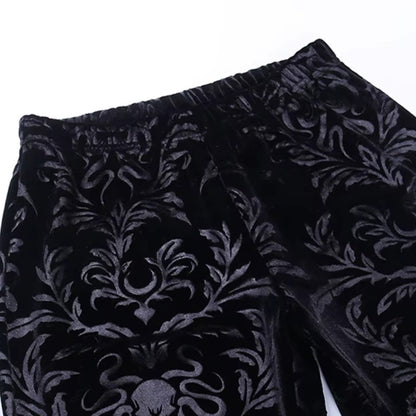 Women's Gothic Black Velvet Floral Embroidered Baroque High Waist Flare Pants
