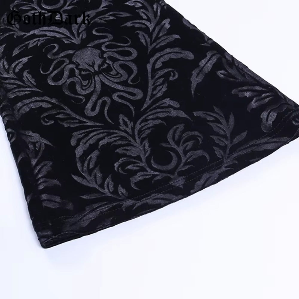 Women's Gothic Black Velvet Floral Embroidered Baroque High Waist Flare Pants