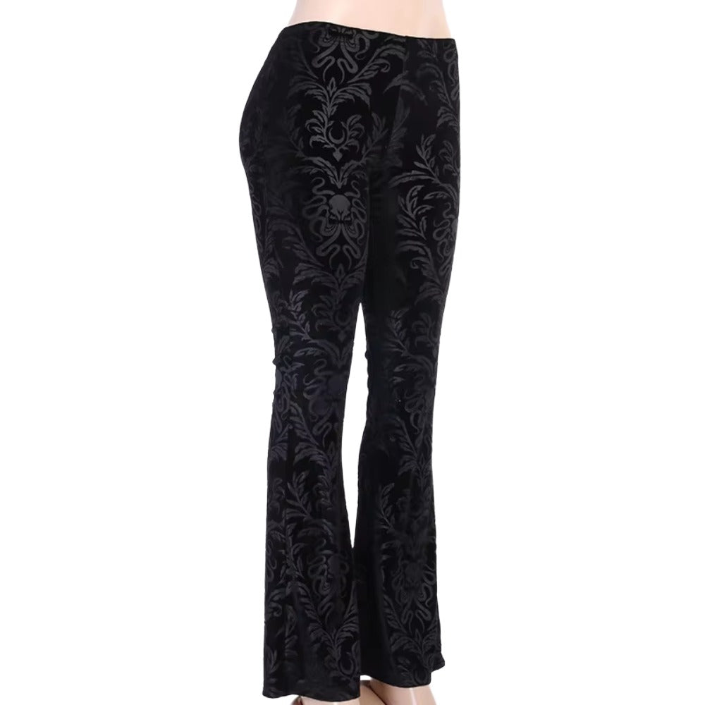 Women's Gothic Black Velvet Floral Embroidered Baroque High Waist Flare Pants