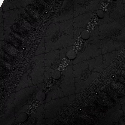 Victorian Roses & Thorns Embroidered Black Jacquard Gothic Nobility Gown with Flared Lace Sleeves