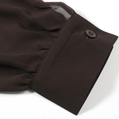 Women's Chocolate Brown Vintage Bow Tie Long Sleeve Chiffon Blouse