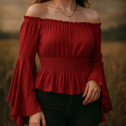 Women's Renaissance Off-Shoulder Smocked Medieval Peasant Blouse Flared Sleeves