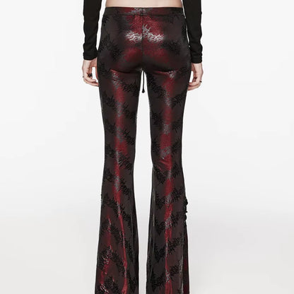 Women's Dark Red & Black Gothic Floral Jacquard Embroidered Metallic Lace-Up Flared  Pants