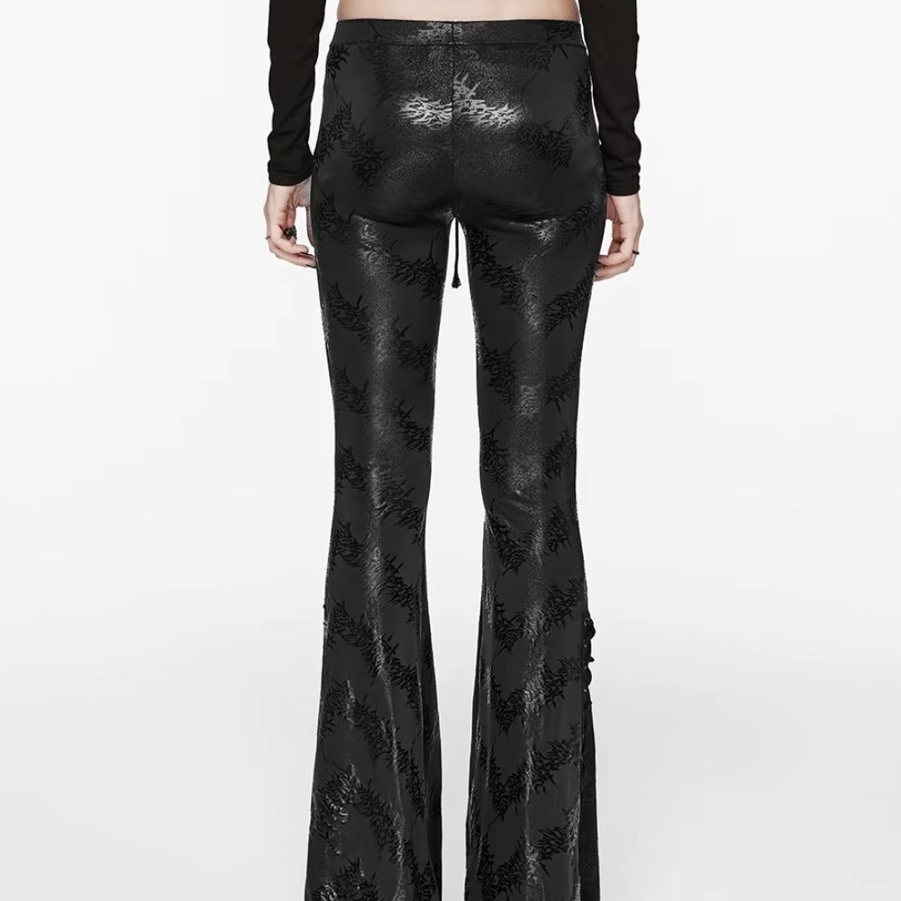 Women's Dark Red & Black Gothic Floral Jacquard Embroidered Metallic Lace-Up Flared  Pants