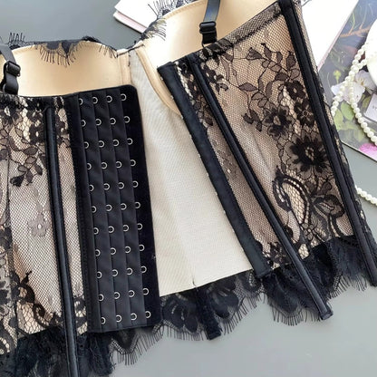 Gothic Floral Lace Women's Overbust Boned Corset Top with Sheer Mesh