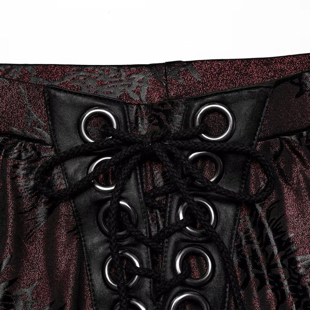 Women's Dark Red & Black Gothic Floral Jacquard Embroidered Metallic Lace-Up Flared  Pants