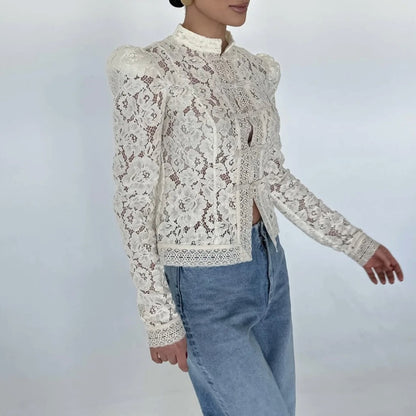 Women's Vintage Renaissance Embroidered Lace Blouse with High Neck Puff Sleeves