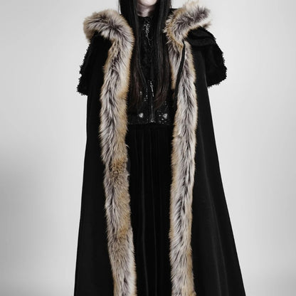 Gothic Renaissance Fur-Trimmed Hooded Women's Medieval Cloak with Ruffled Collar