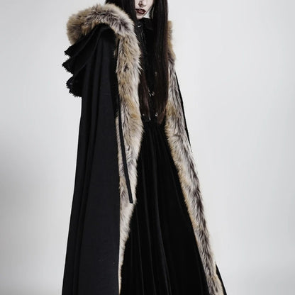 Gothic Renaissance Fur-Trimmed Hooded Women's Medieval Cloak with Ruffled Collar