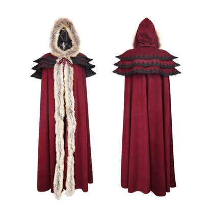 Gothic Renaissance Fur-Trimmed Hooded Women's Medieval Cloak with Ruffled Collar