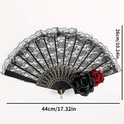 Luxurious Edwardian Vintage Black Lace Women's Folding Hand Fan with Roses