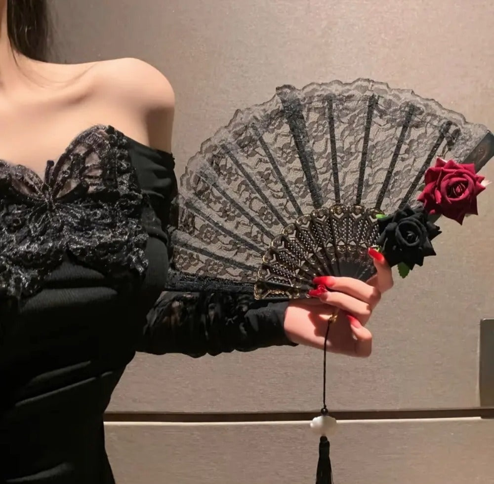 Luxurious Edwardian Vintage Black Lace Women's Folding Hand Fan with Roses
