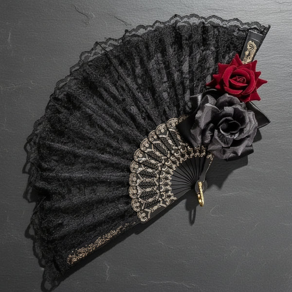 Vintage Edwardian Black Lace Women's Folding Hand Fan with Rose Detailing