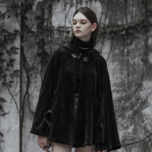 Women's Renaissance Gothic Black Velvet Short Embroidered Crescent Moon Hooded Cloak