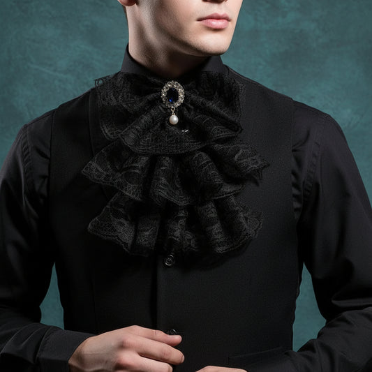 Victorian Ruffled Lace Jabot Collar with Brooch Detail