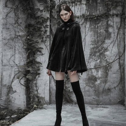 Women's Renaissance Gothic Black Velvet Short Embroidered Crescent Moon Hooded Cloak